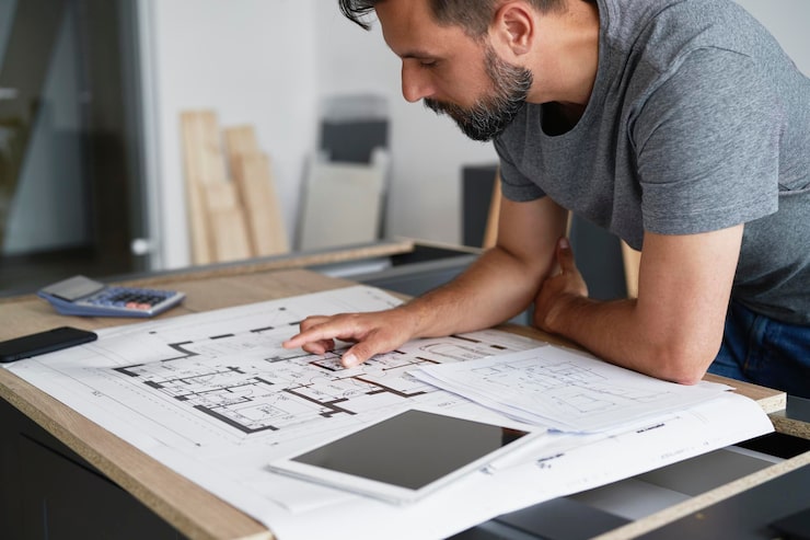 Interiorista trabajando sobre planos y materiales